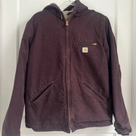 Vtg Carhartt Sherpa Lined Jacket Canvas Deep Wine M Detroit WJ141-DWN - Picture 1 of 4